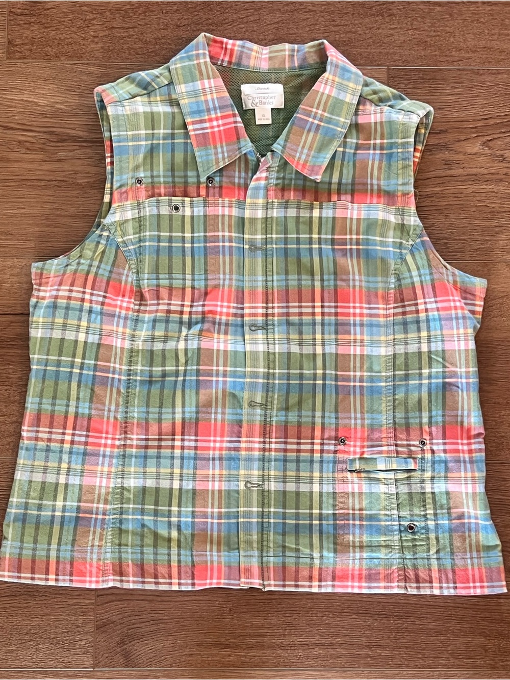 Christopher & Banks Plaid Sleeveless Zip Up Vest in Green, Coral & Blue